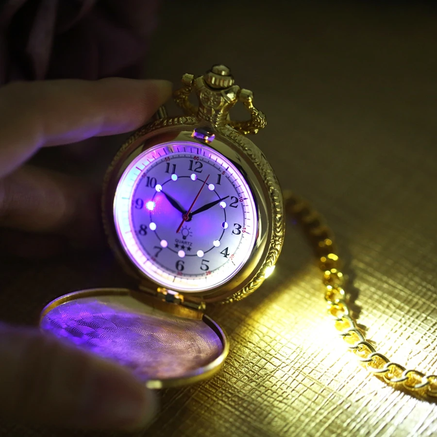 Luxury Gold Color Luminous LED Display Quartz Pocket Watch Chain Carved Motorcycle Motorbike MOTO FOB Light Watch Clock Gifts