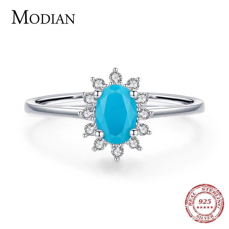 MODIAN Classic Crown Female Ring Pure 925 Sterling Silver Natural Turquoise Elegant Fashion Rings For Women Christmas Jewelry