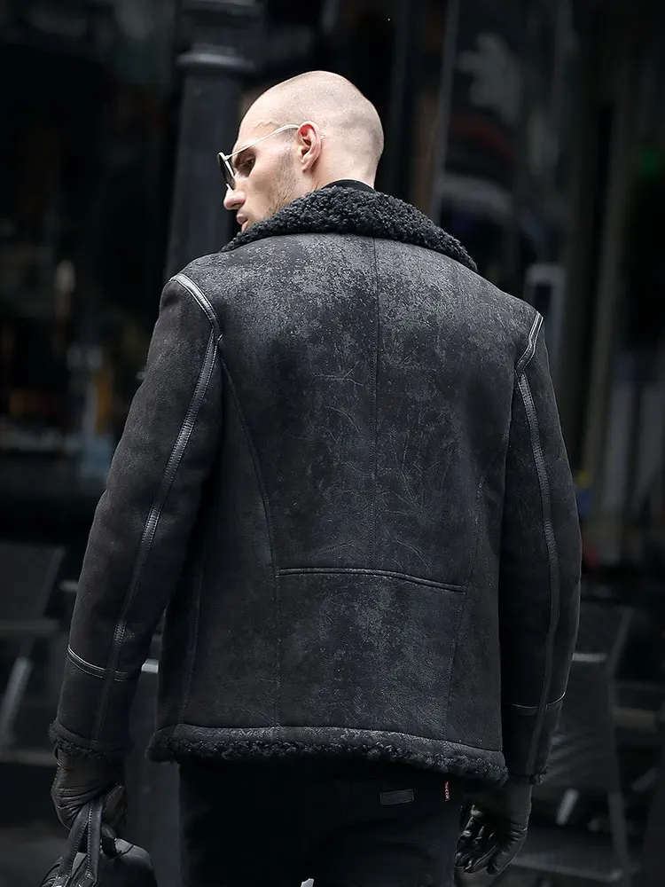 Winter Shearling Male Double-Breasted Drop-Shoulder Sleeve Fashion Big Brand Thicken Suit Leather Coat Black Size XL - 4XL