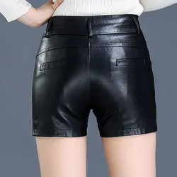 Pantalones cortos de cuero PU para mujer, Shorts negros de alta calidad con cinturón, informales, 5XL talla grande, Invierno