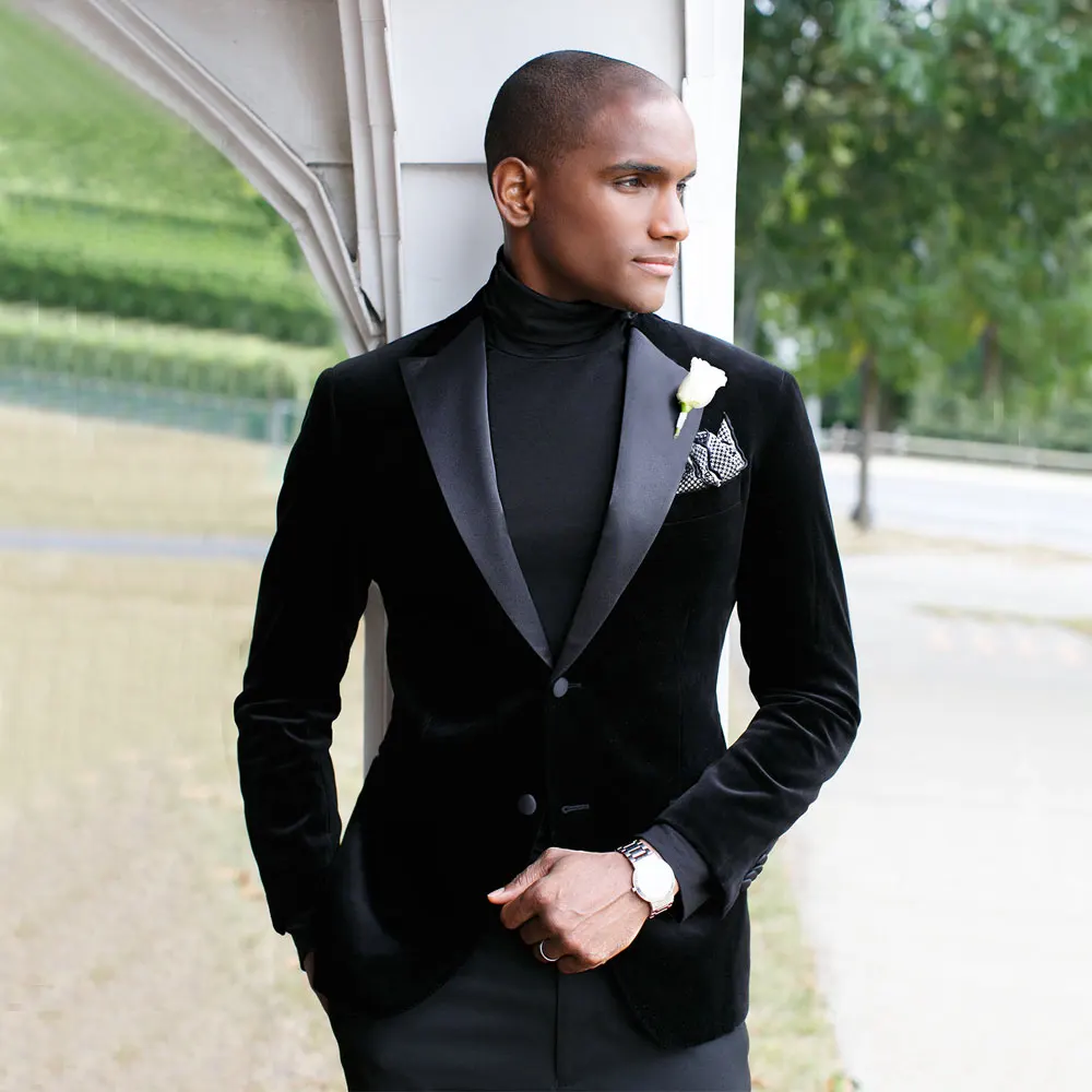 

Black Velvet Men's Suit Notched Lapel Blazers Male Tuxedos Slim Fit Wedding Groom Wear 2 Pieces Set Prom Jacket And Pants