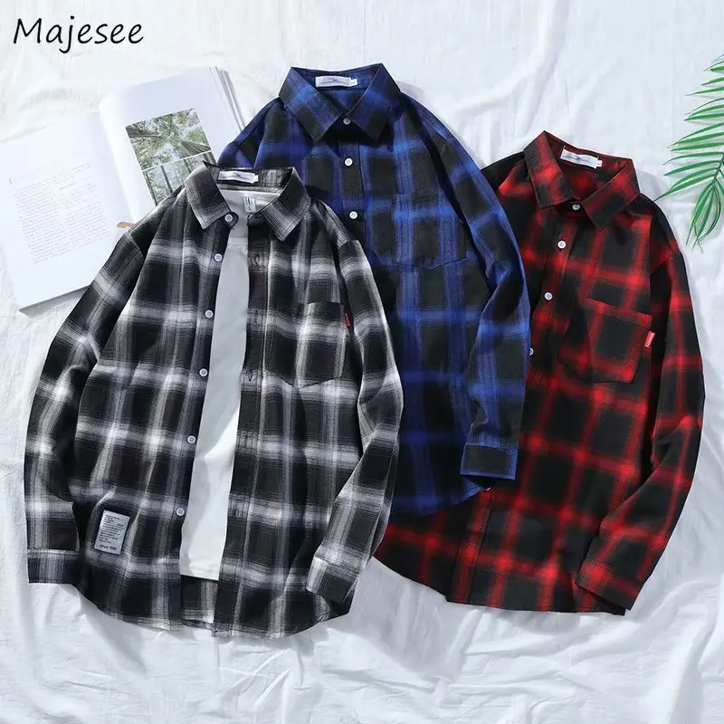 Long Sleeve Plaid Shirts Men Large Size M-3XL Vintage Simple Single Breasted Pockets Popular Outerwear Male Spring Harajuku Warm