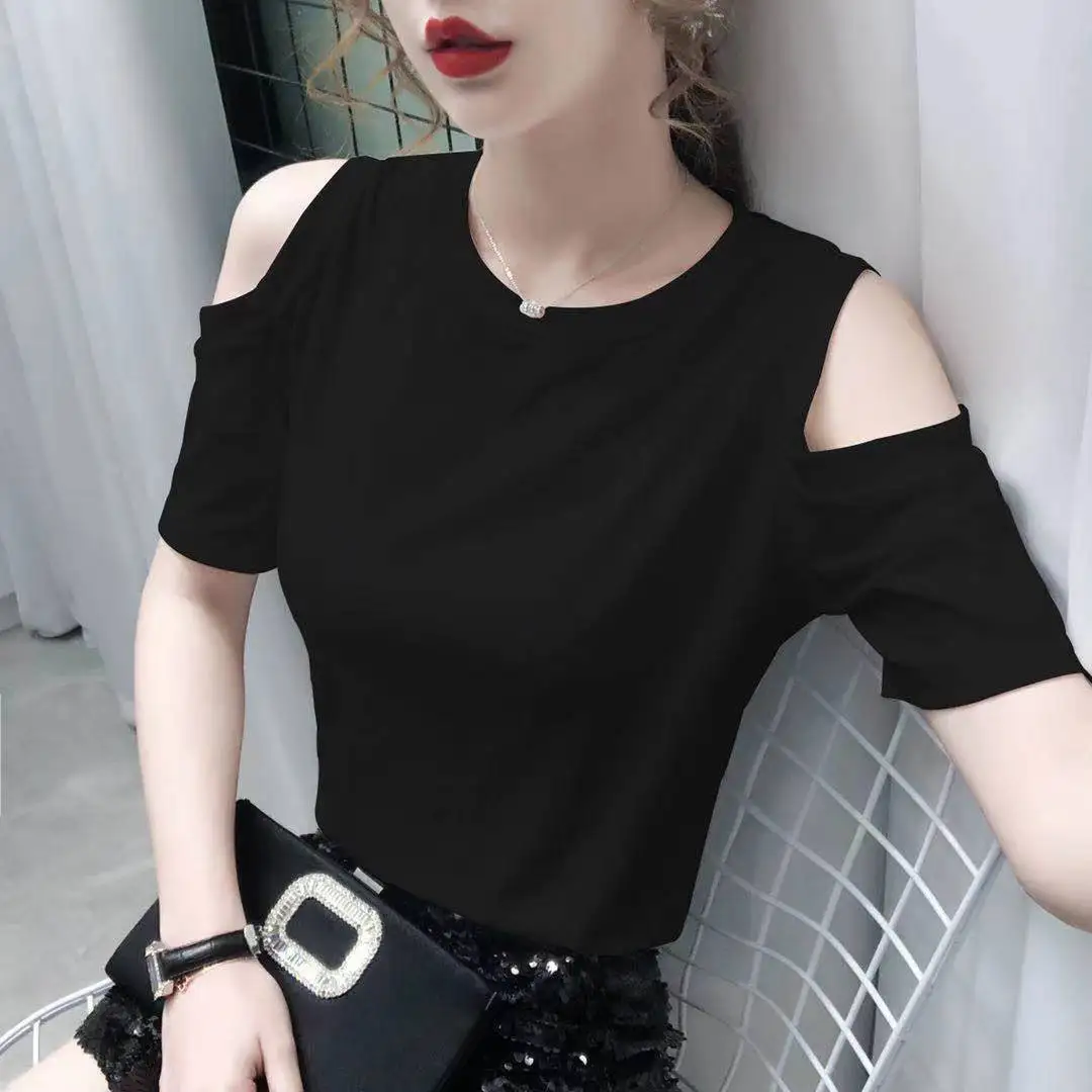 2021 summer New Fashion Shoulder-Baring Sexy Slim-Fit Short-Sleeved T-shirt Women's Shirt COTTON graphic t shirts