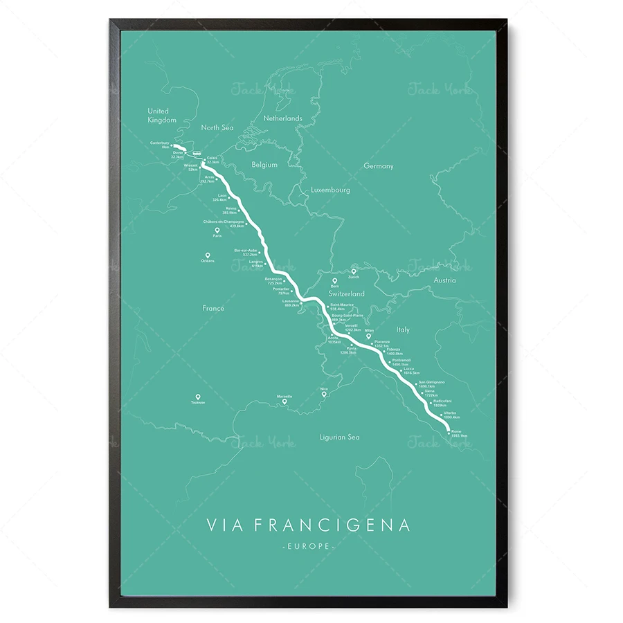 Via Francigena Map | Via Francigena Poster | Europe Hiking Poster | Trail Map Art | Relive your Adventures