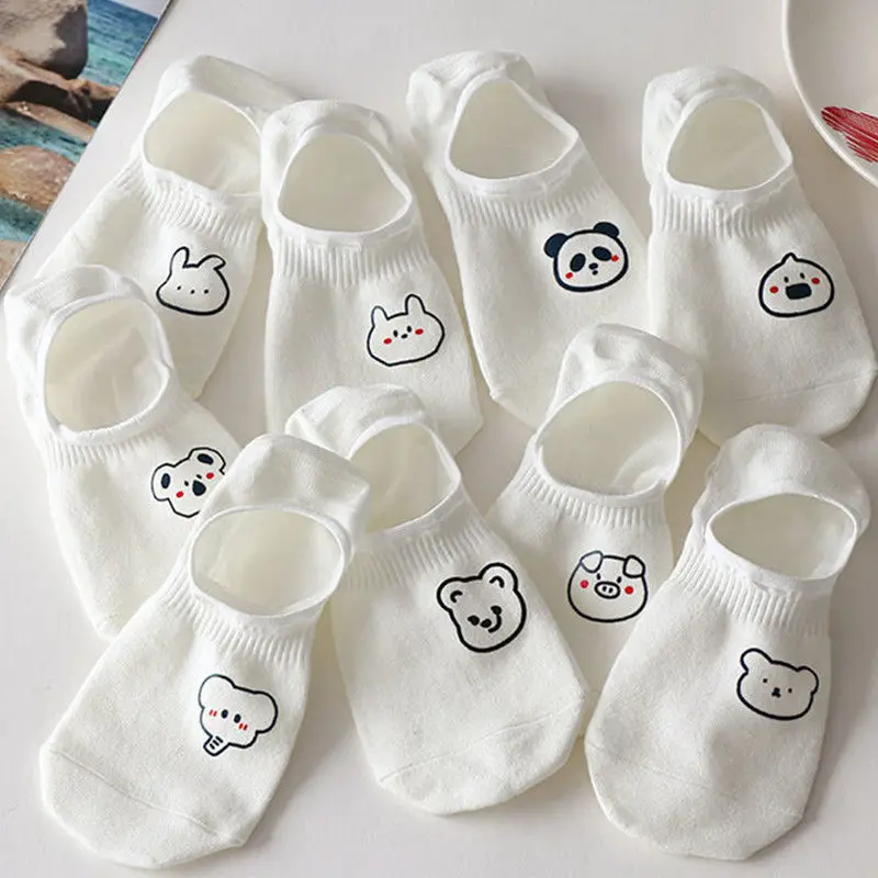 5 pairs summer pure white woman socks slippers cute cartoon elephant rabbit panda socks Harajuku kawaii girl invisible socks