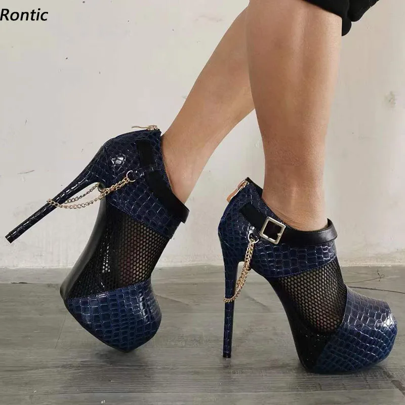 Rontic Real Photos Women Pumps Platform Crocodile Pattern Stiletto Heels Peep Toe Pretty Fuchsia Blue Party Shoes US Size 5-20