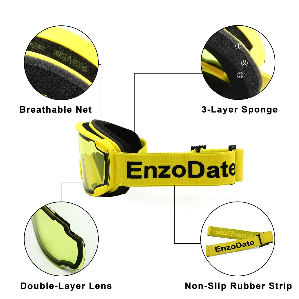 EnzoDate-Gafas de nieve de esquí, lentes dobles, antiniebla, protección UV, visera deportiva de invierno, gafas de Snowboard