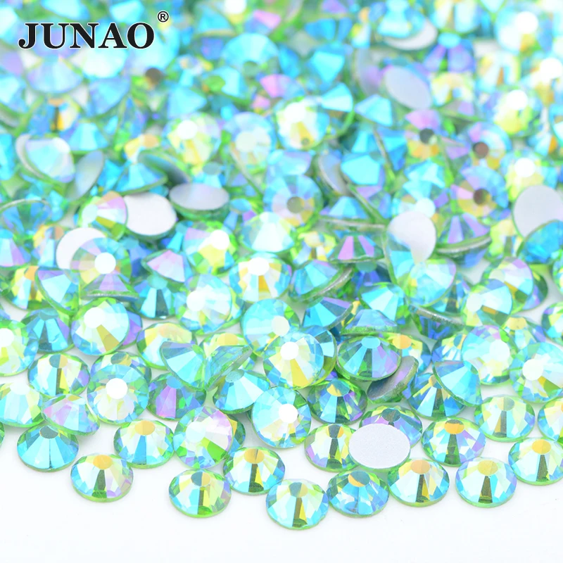 JUNAO-diamantes de imitación de cristal verde claro para decoración de uñas, piedras y cristales, Parte posterior plana, Strass, SS6, SS8, SS10, SS16, SS20, SS30