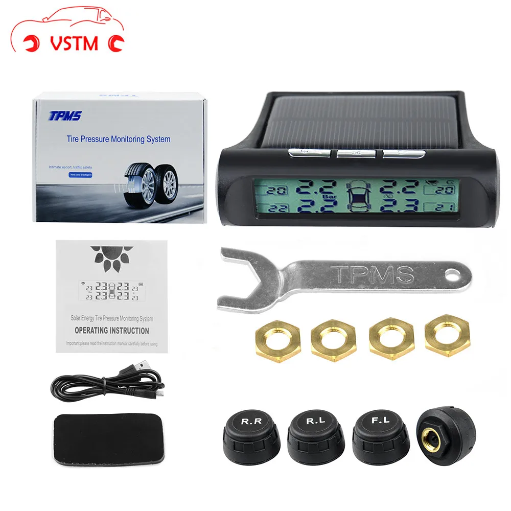 

Backlight in dark tire pressure alarm monitor TPMS Car tire Pressure Monitoring System digital Display Solar energy Power USB