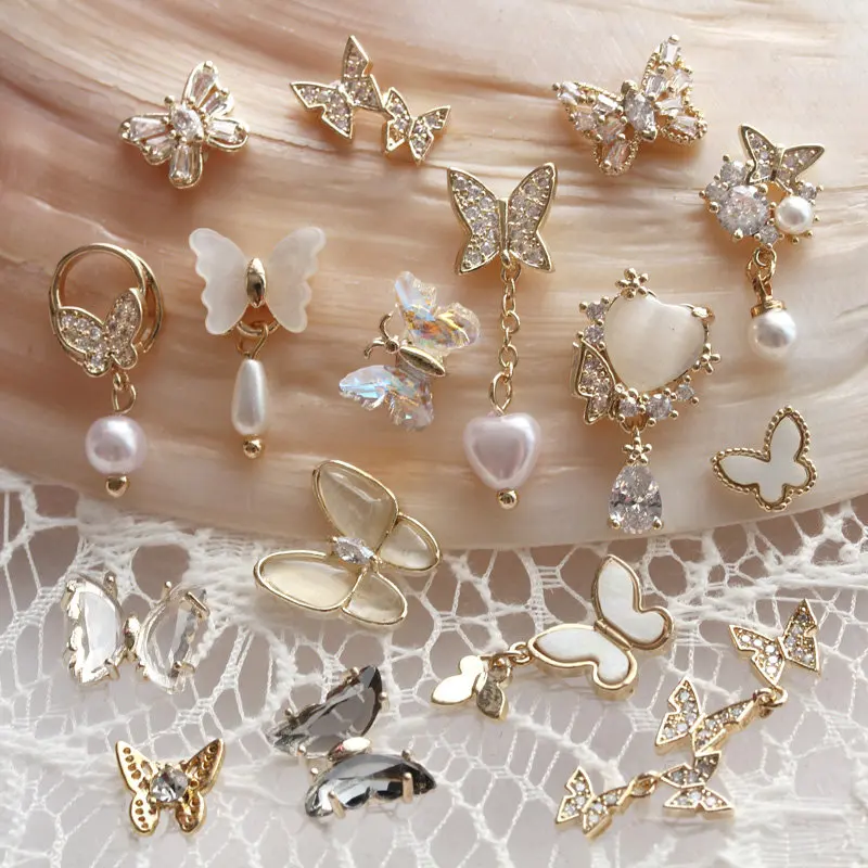 10pcs/lot 3D Opal Butterfly Alloy Nail Art Zircon Pearl Crystal Metal Manicure DIY Nails Accesorios Supplies Decorations Charms