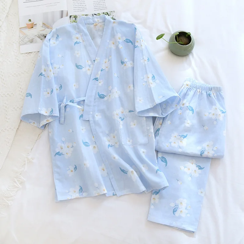 Japanese Ladies Kimono Pajamas  Spring Thin Cotton Gauze Sleepwear V-Neck Floral Printing Lounge Wear Thin Loose 2 Piece Set