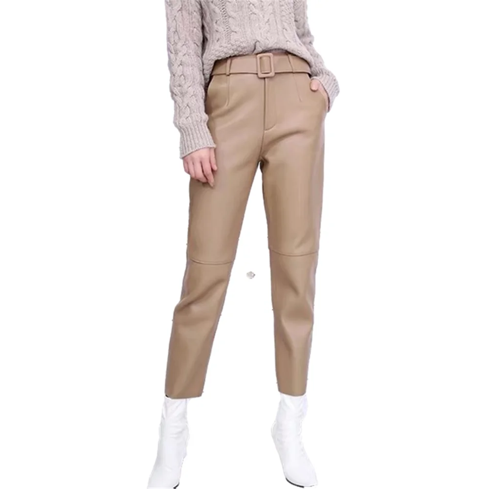 

Lady Leather Pants, Women Belt Harem Real Sheepskin Pants, High Waist Ankle-Length Pants, Casual Leather Pants,