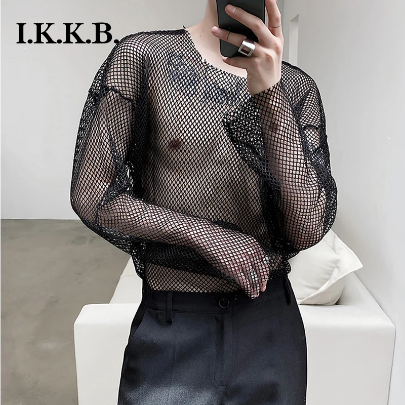 Night club trendy young men\'s mesh perspective dress sexy bottoming shirt Korean men\'s loose Lace Long Sleeve T-Shirt Top