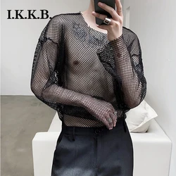 Night club trendy young men's mesh perspective dress sexy bottoming shirt Korean men's loose Lace Long Sleeve T-Shirt Top