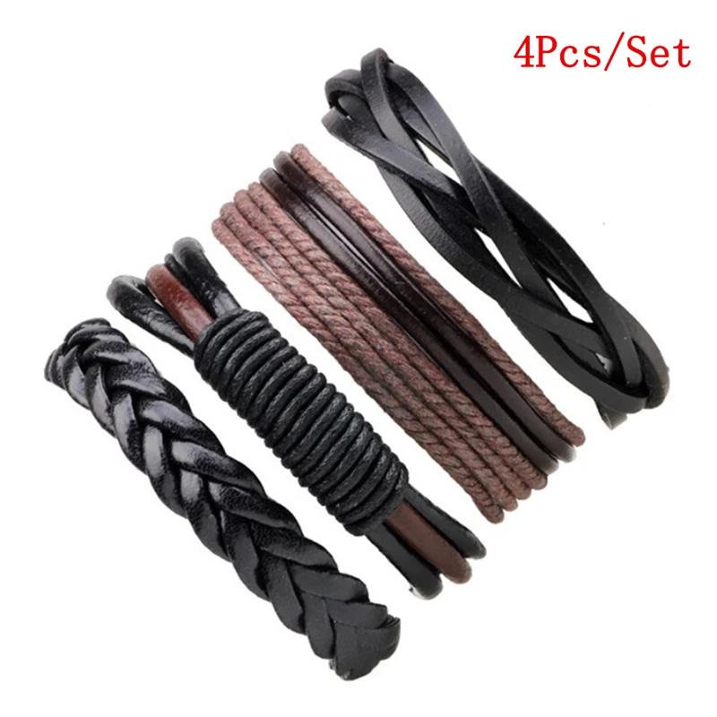 4Pcs/Set Multilevel Braided Wrap Bracelets For Man Fashion Casual Handmade Woven Male Wristbands Jewelry Gifts