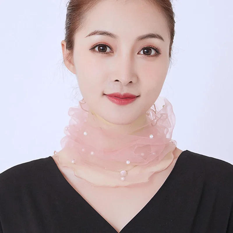 Korean Women\'s Mesh Elastic False Collars Neck Protective Sleeves Headwear Bib Summer Lace Pearl Thin Sunscreen Scarf P55