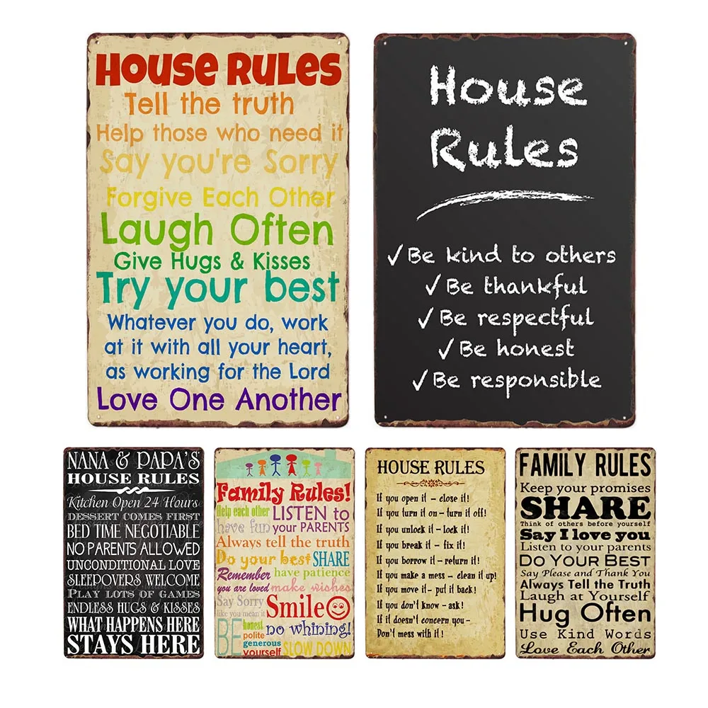 House Rules Signs Tin Metal Retro Plate Home Decor Family Rules Bedroom Living Pub Club Cafe Vintage Poster Decoration 20x30cm