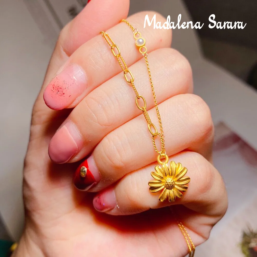 MADALENA SARARA Pure 18K Gold Sunflower Pendant  Diamond Inlaid Au750 Pure Gold Chain Necklace Korean Style