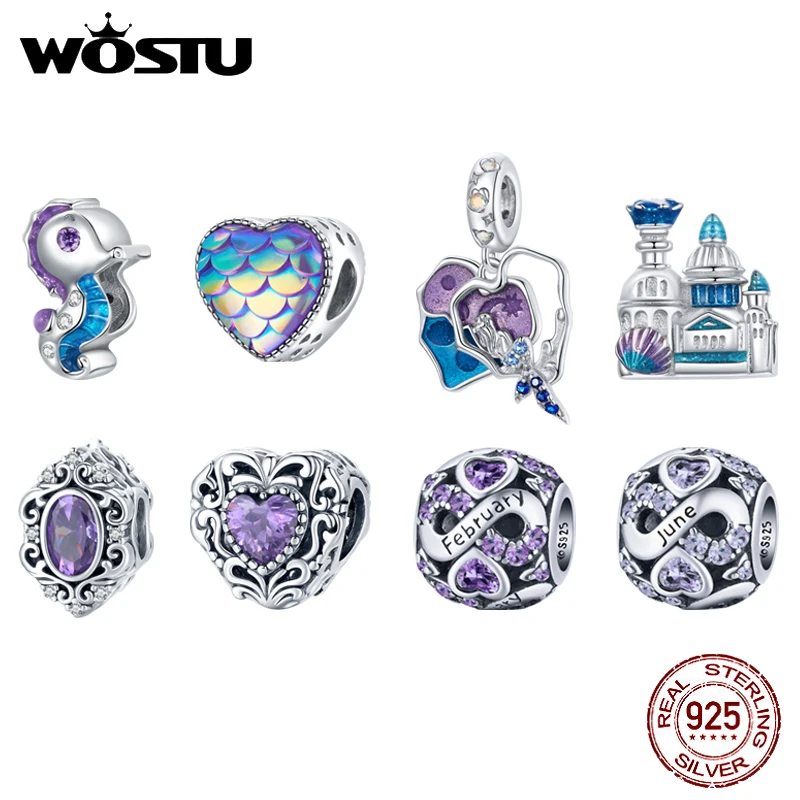 

WOSTU 925 Sterling Silver Purple Charm Mermaid Love Sea Horse Castle Bead Castle Charm Fit Original Bracelets Jewelry