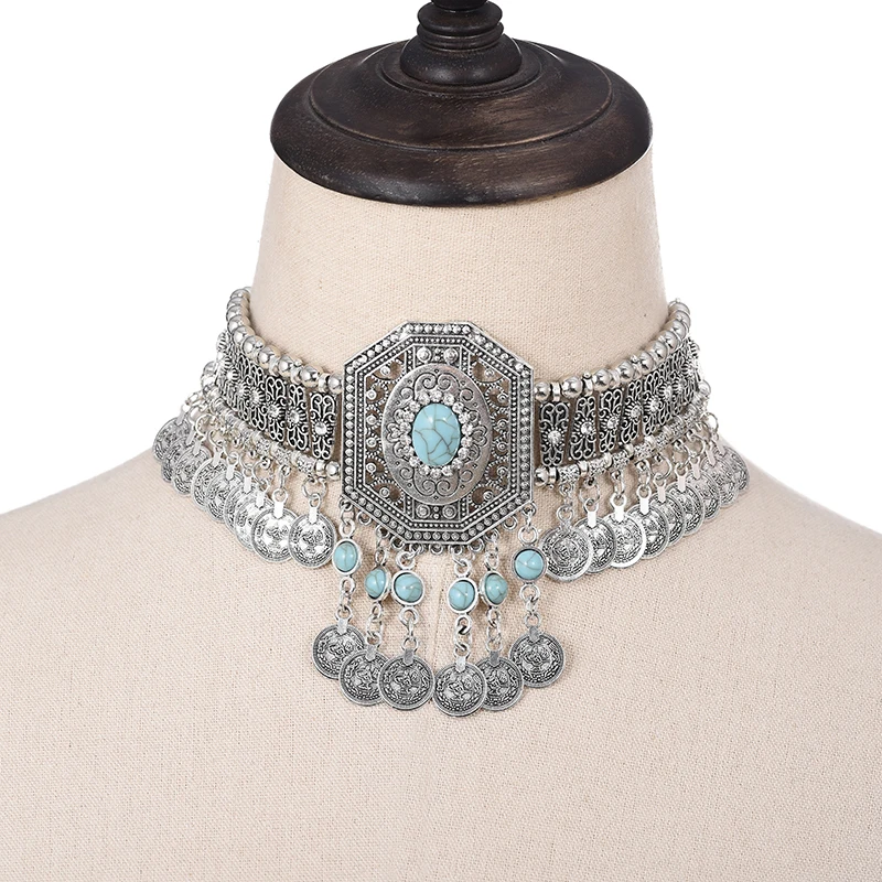 

Ethnic Statement Collar Necklace for Women Choker Bohemian Vintage Hollow Geometric Crystal Rhinestone Beads Coin Tassel Jewelry