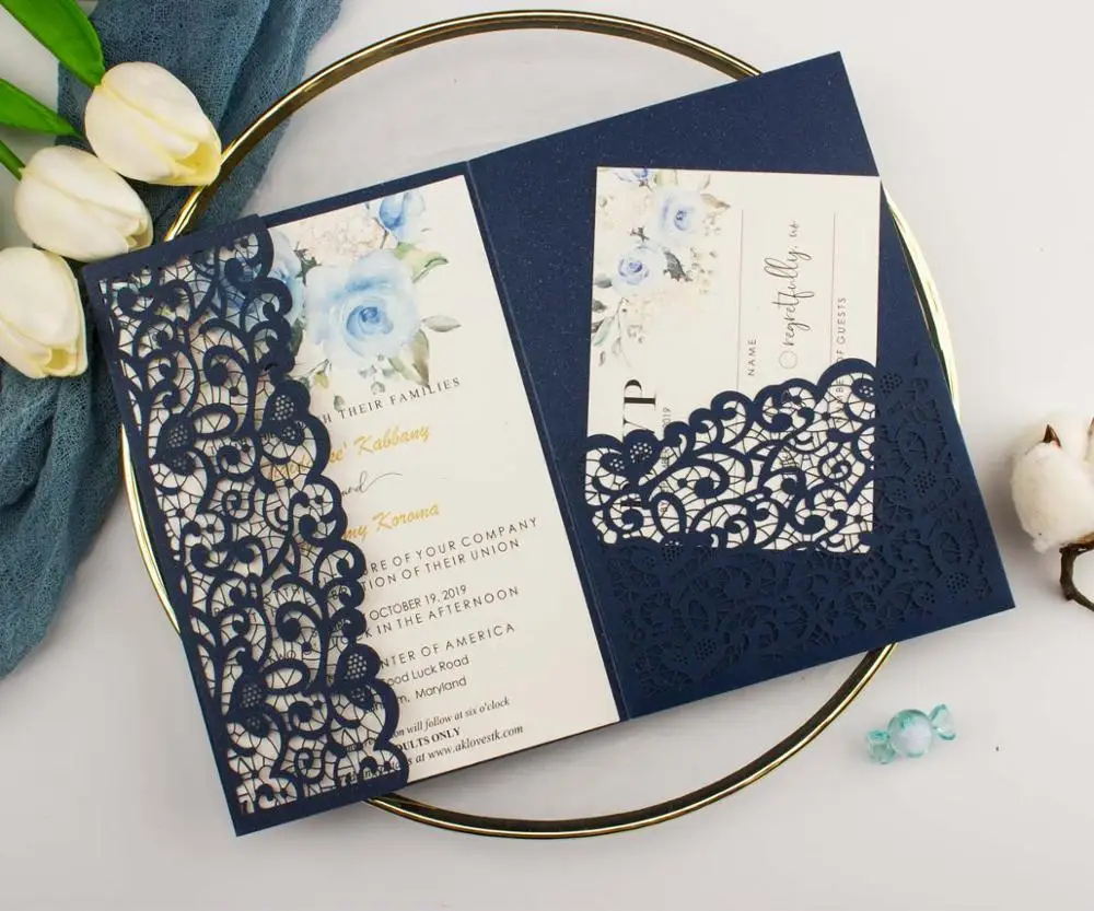 1pcs Burgundy Navy Blue Rose Gold Vine Vantage Tri-fold Shinny Glitter Paper Laser Cut Pocket Wedding Invitation Cards Envelope