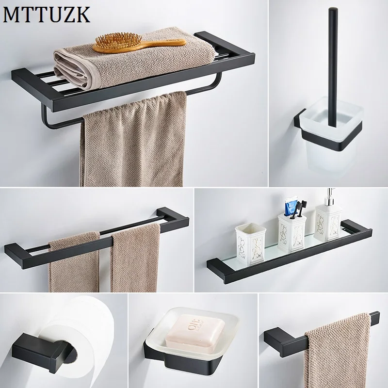 

MTTUZK Matte Black SUS304 Stainless Steel Bathroom Hardware Set Towel Shelf Paper Holder Hook Towel Bar Bathroom Accessories