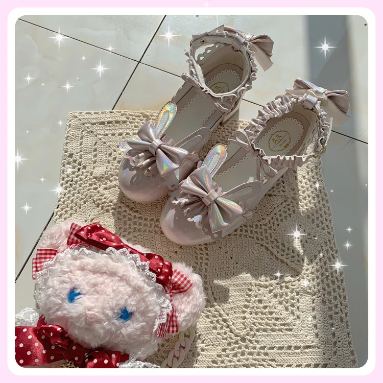 Japanese kawaii girl sweet lolita shoes vintage round head women shoes cute lace bowknot rabbit ears kawaii shoes loli cosplay