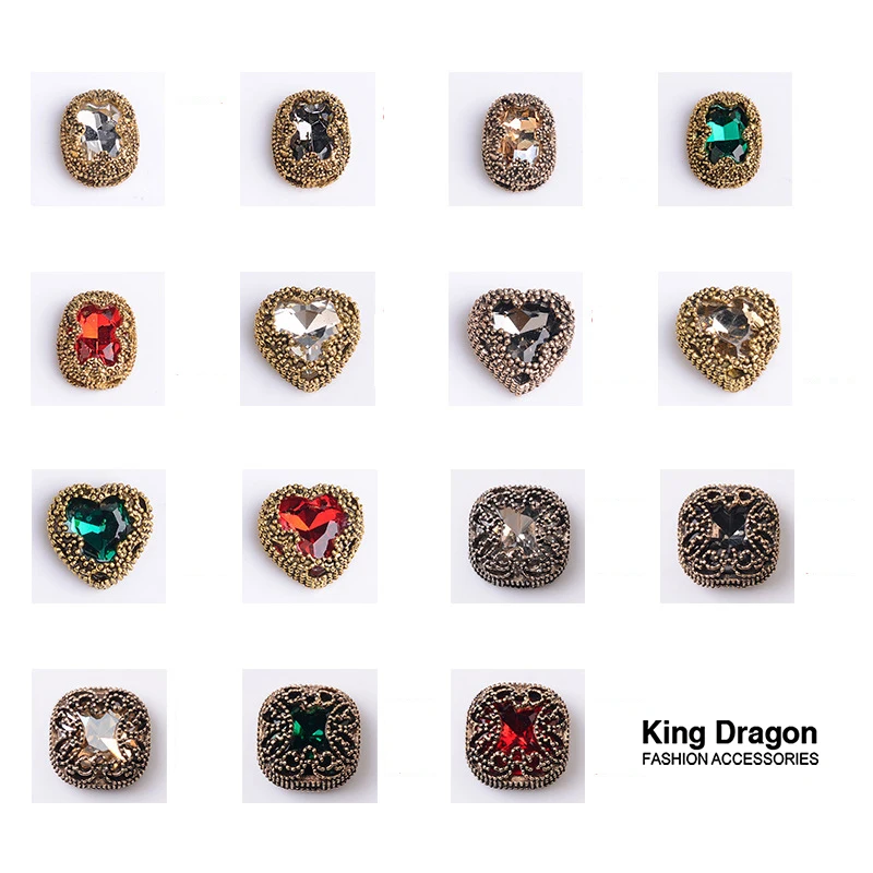 King Dragon Glass Antique Rhinestone Heart Embellishment Button Used On Decoration 15MM 5PCS/Lot Flat Back Antique Gold Color