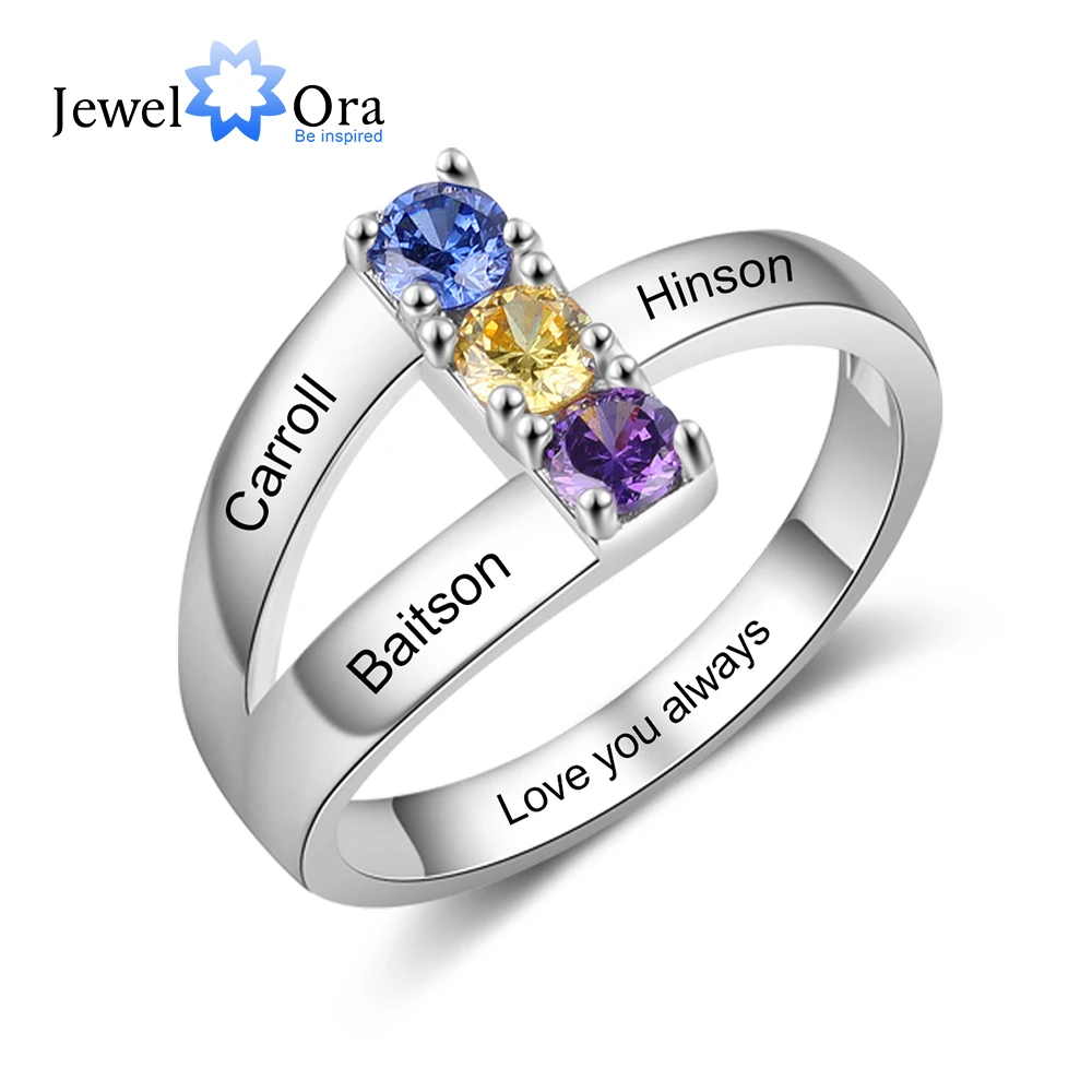 JewelOra Personalized Silver Color Name Engraved Ring Customized 3 Birthstones Copper Rings for Women Mother Daugther Gifts