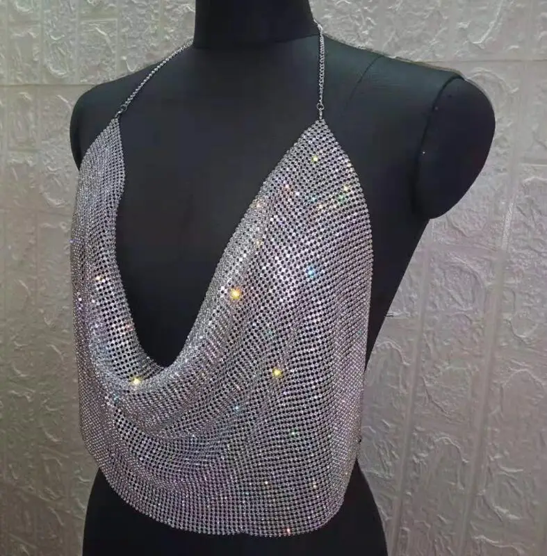 Silver Gold Full Stones Glisten Top Sexy Costume Women Singer Dance Backless Outfit Birthday Evening Prom Show Wear