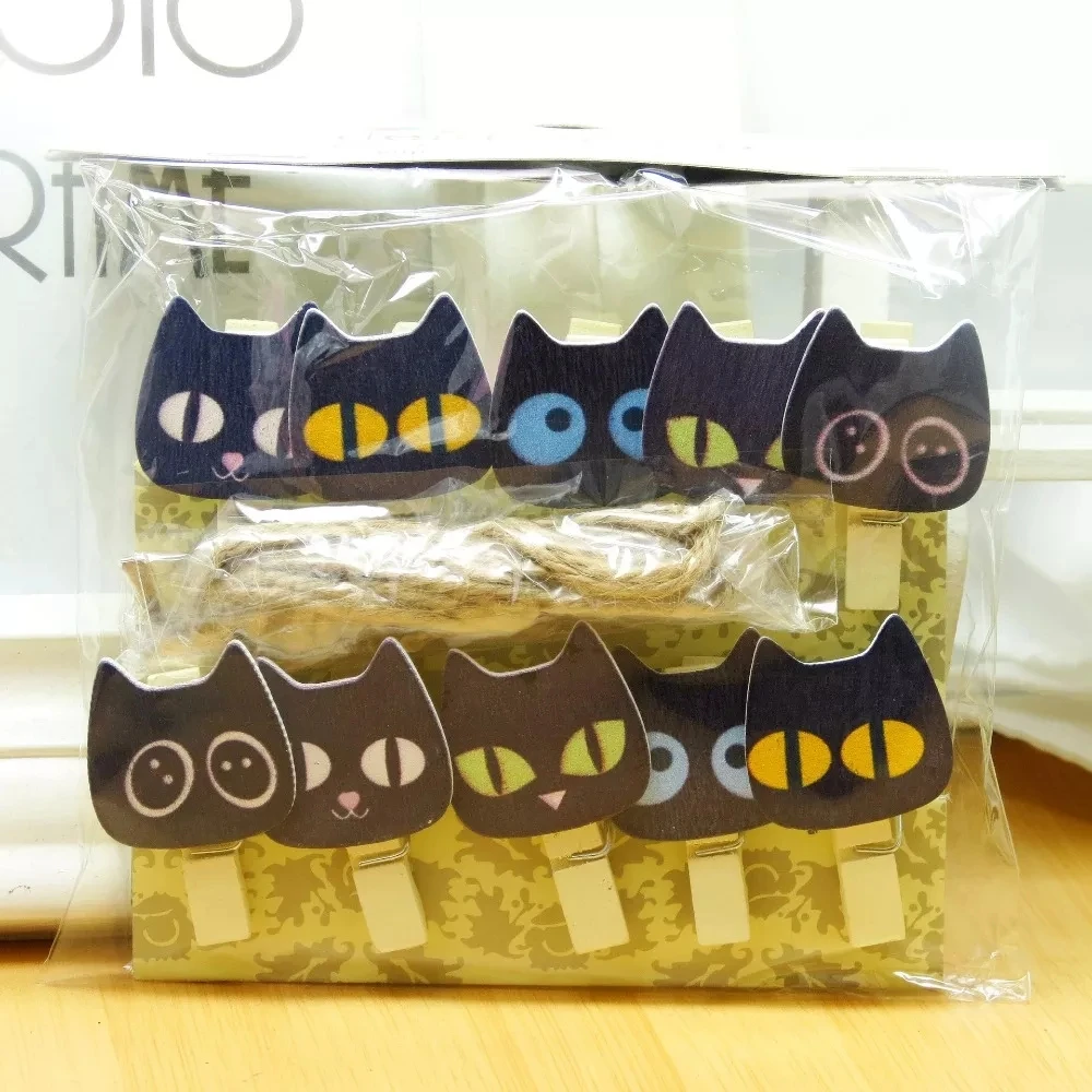 10 pcs/lot Kawaii Black and White Cat  Wooden Clip Photo paper Clothespin Craft Clips Party Decoration Clip with Hemp Rope