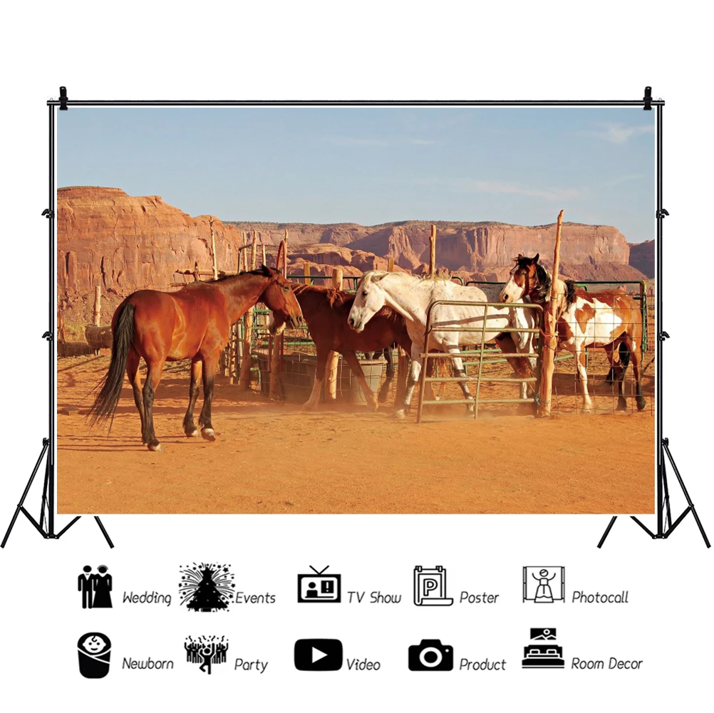 Laeacco مزرعة مستودع قديم ريفي غرب رعاة البقر الحصان ديكور المنزل الصحراء المناظر الطبيعية وراية صور خلفية خلفية للتصوير الفوتوغرافي