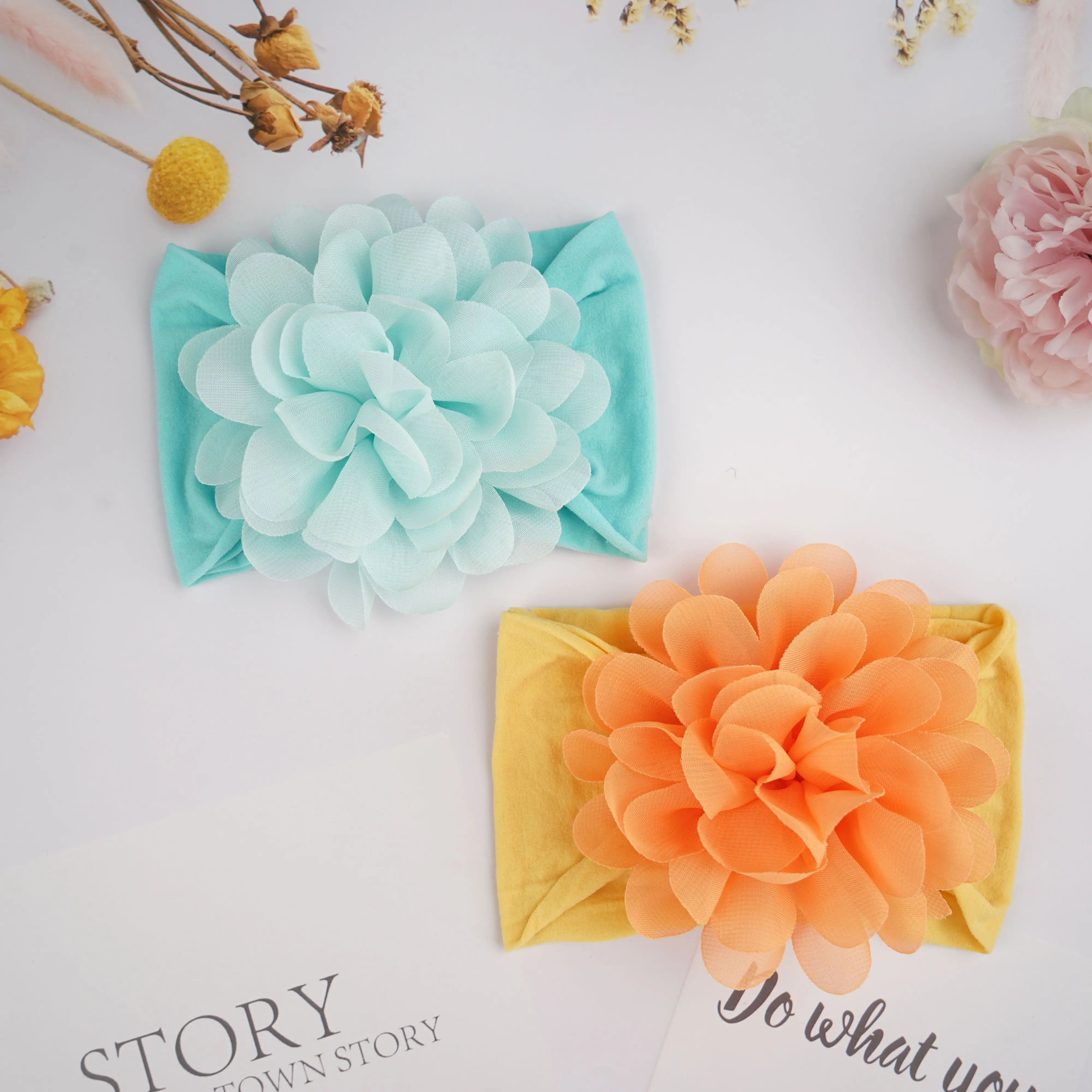 Random 8 Pcs Baby Nylon Headbands Hairbands Hair Wraps Big Chiffon Flower Elastics for Baby Girls Newborn Infant Toddlers Kids