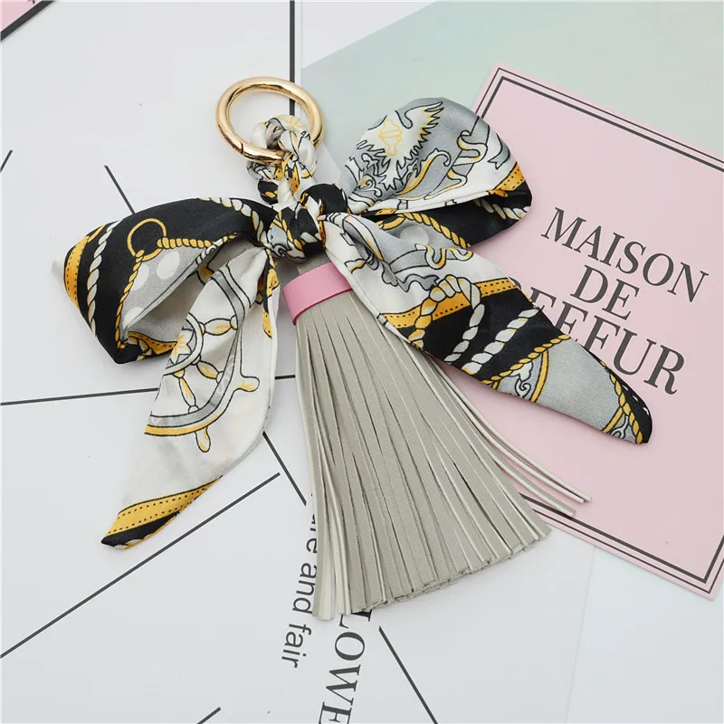 Quality Fashion Scarves Key holder Ribbon Bowknot Exquisite PU Leather Tassels Keychains Women Bag Charm Pendant