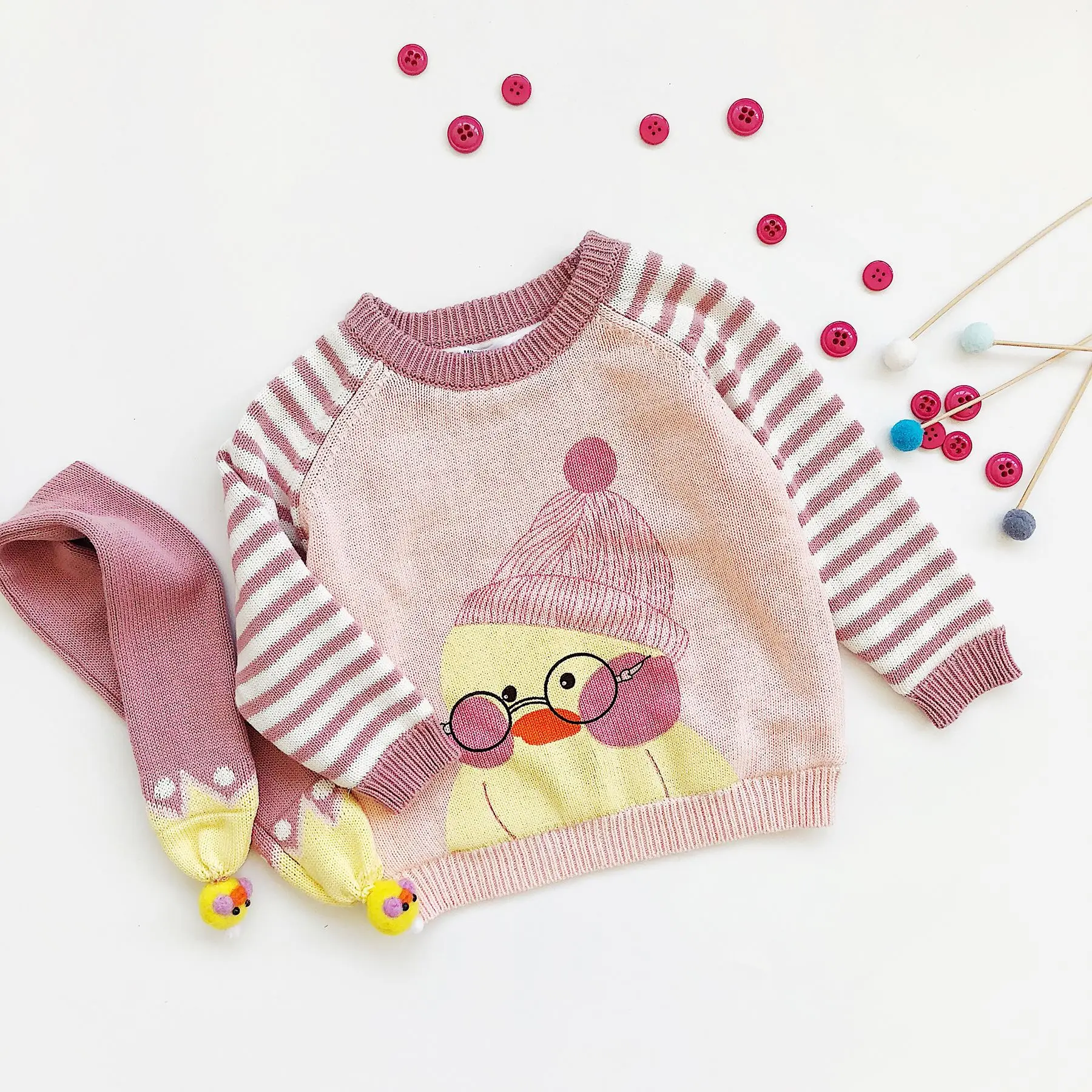 

Tonytaobaby Winter New Baby Girl Cartoon Print Stripe Sleeved Sweater Thickened with Plush