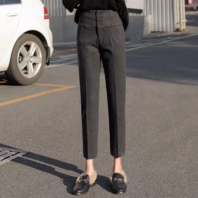 

Брюки-султанки женские шерстяные с высокой талией, свободные прямые офисные брюки-султанки до щиколотки, повседневные брюки контрастных цветов, Осень-зима