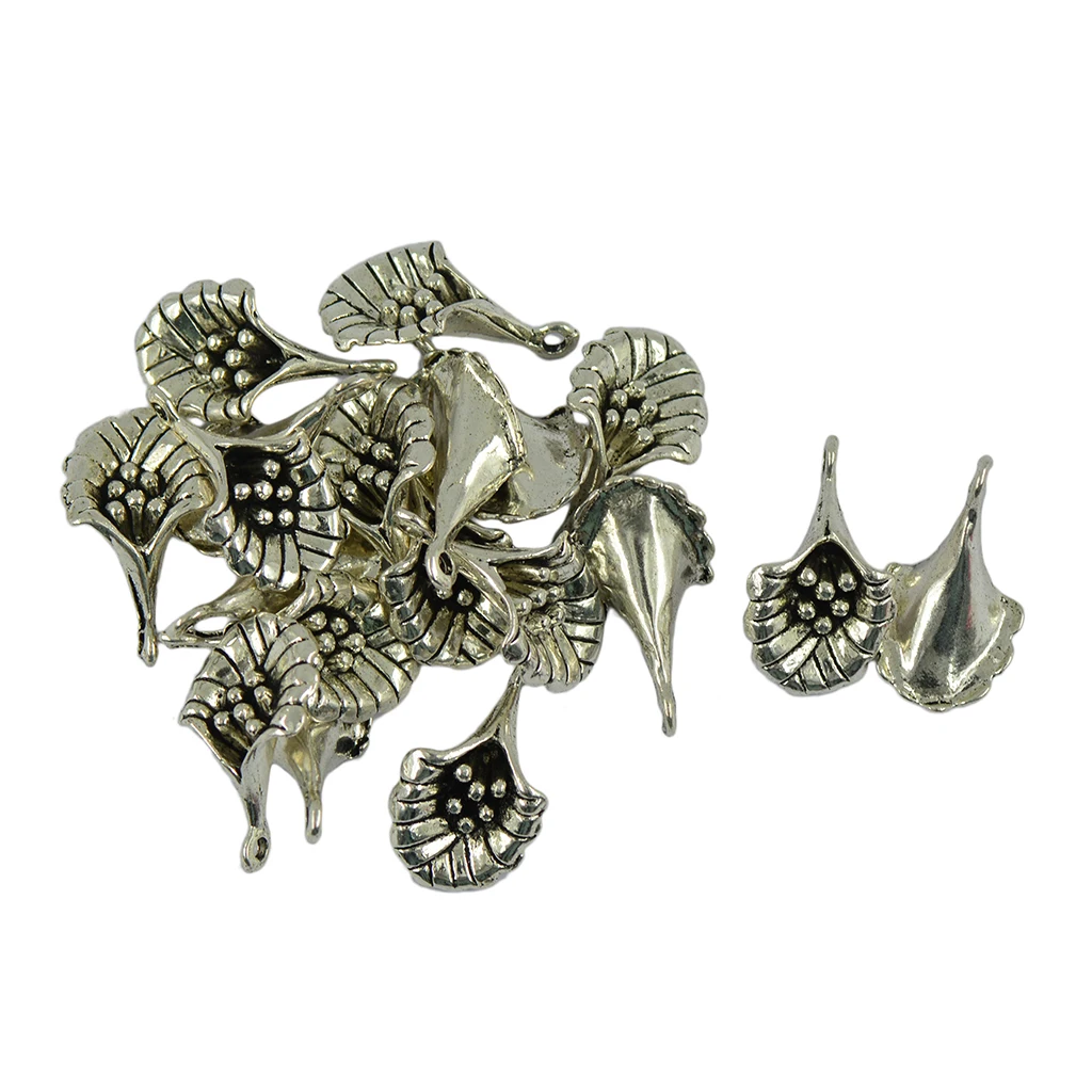 20 Pcs Tibetan Silver boho 3D water Cala Lily flower leaf jewelry DIY dangle Charms pendant