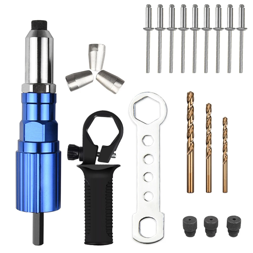 Electric rivet gun 2.4mm-4.8mm core pull riveting conversion head wireless riveting tool  with 3 twist drill and 150 Rivet.