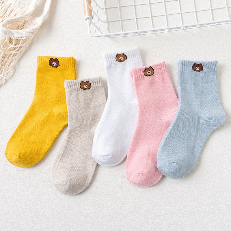 5 Pairs Pack Sports Casual Cotton Woman Socks Cartoon Cute Fruit Cat Printing Socks Japanese Fashion Letters Heart Kawaii Socks