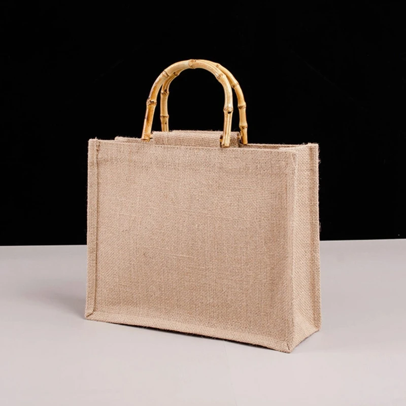 Portable Burlap Jute Shopping Bag Handbag Bamboo Loop Handles Reusable Grocery Bags My13 21 Dropshipping