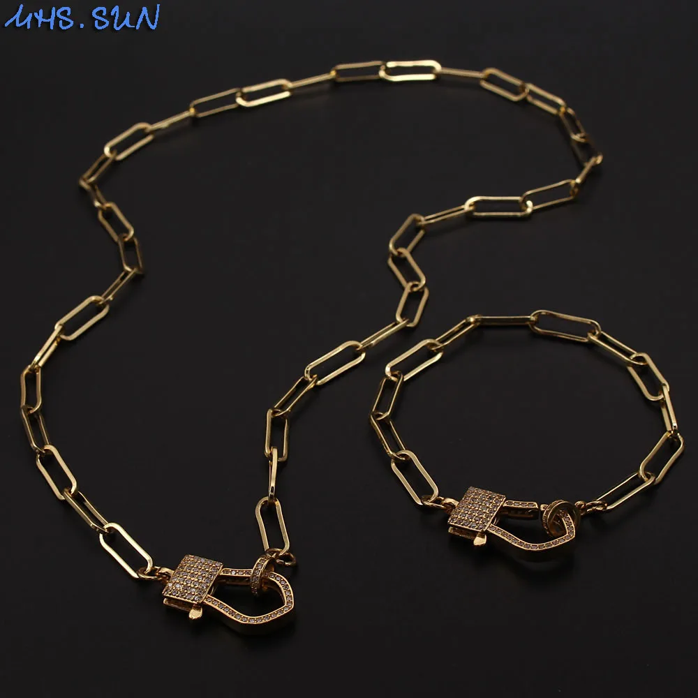 MHS.SUN Gold Color Chunky Chain Necklace & Bracelet Fashion AAA Zircon Clap Can Open Jewelry Set Hip Hop Style For Women/Men