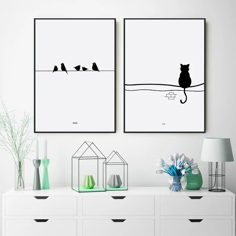 Minimalist Modern Decor Poster Black & White Animal Sika Deer Bird Cat Canvas Painting Home Decoration Background Wall