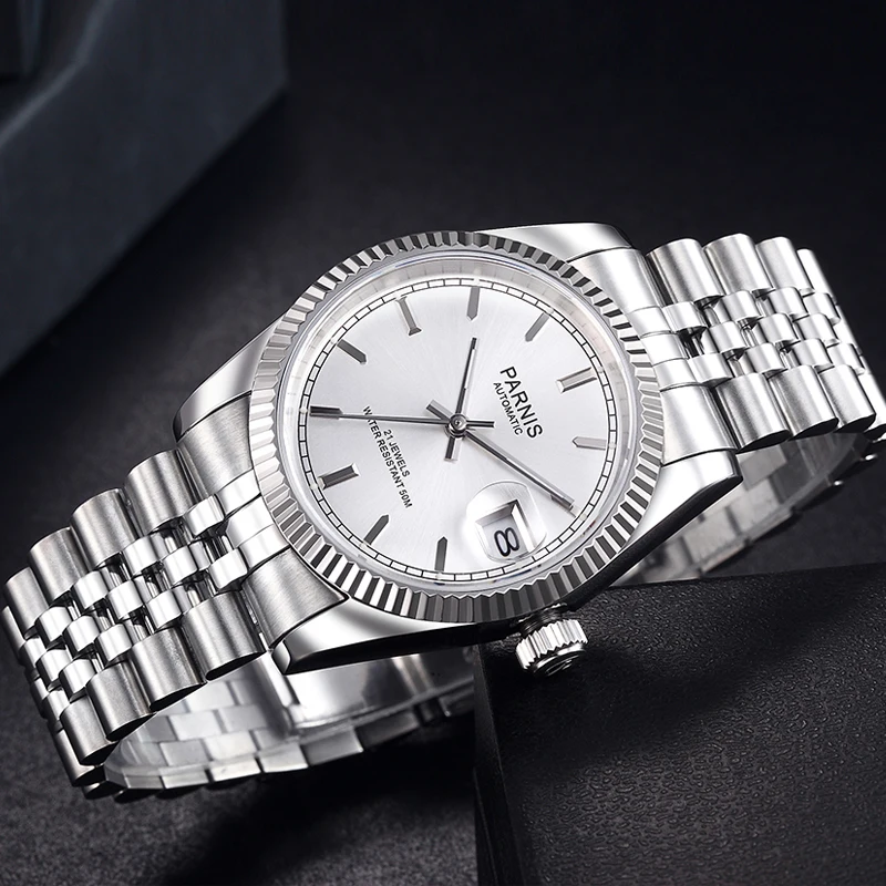 New Parnis 36MM Silver Dial Men Watch Luxury Brand Automatic Women Elegant Diamond Stainless Steel Bracelet Mechanical Watches