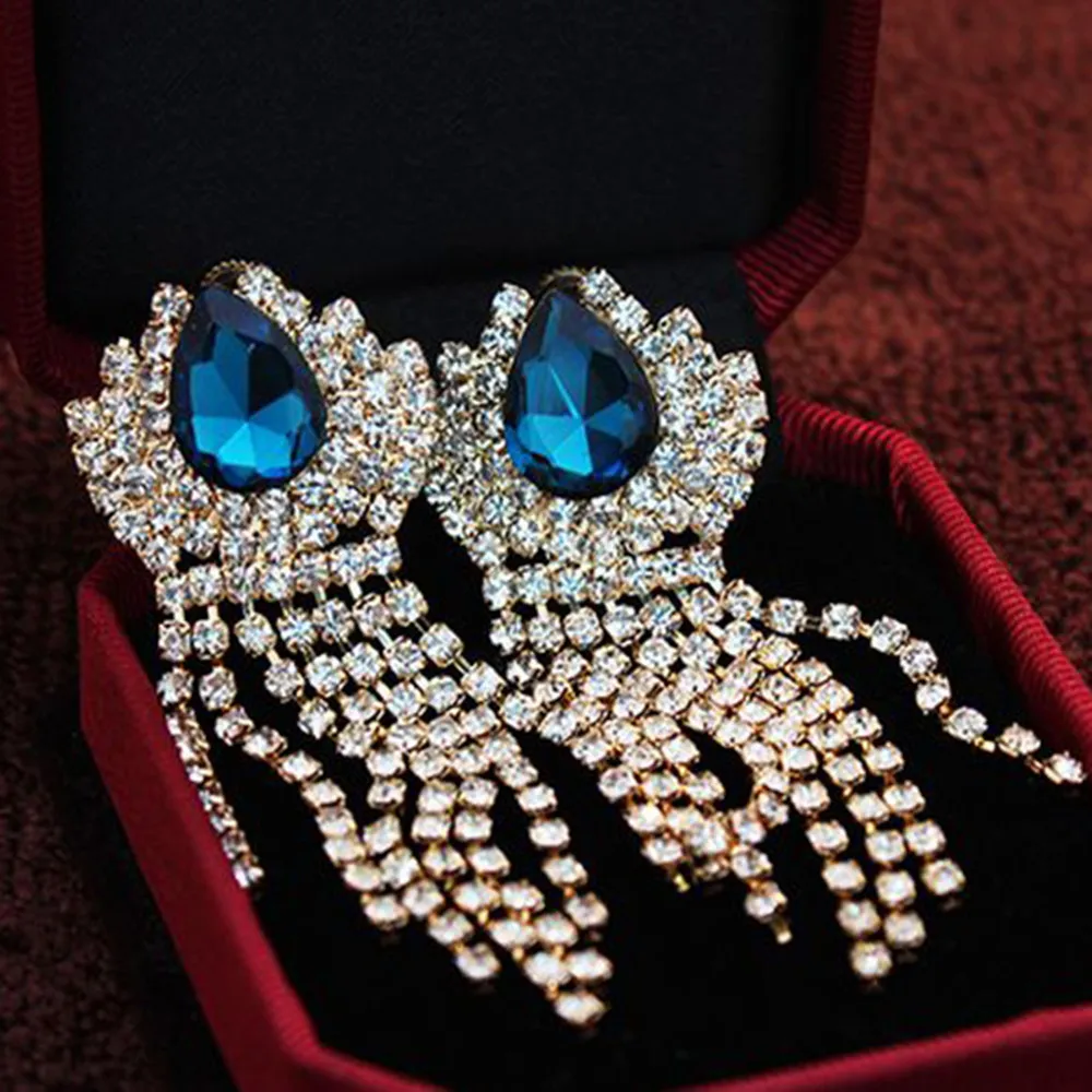 Splendido strass grande rosso verde goccia d'acqua orecchini da sposa da sposa per le donne di lusso nappa di cristallo ciondola orecchini gioielli