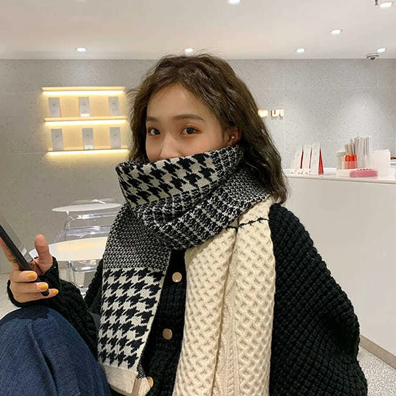 Double-sided Houndstooth Scarf Winter Warm Cashmere Scarf Unisex Long Pashmina Foulard Scarves 35x185cm Knitted Shawl Wraps