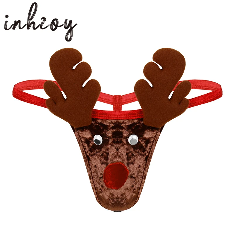 

Men Brown Velvet Novelty Christmas Underwear Reindeer Cosplay Fancy Costume Festival Rave Sexy G-Strings Sexy Thongs Underpants