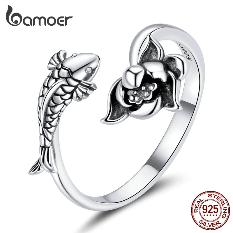 bamoer 925 Sterling Silver Natural Koi Lotus Open Ring for Women Adjustable Jewelry Statement Anniversary Gift BSR201