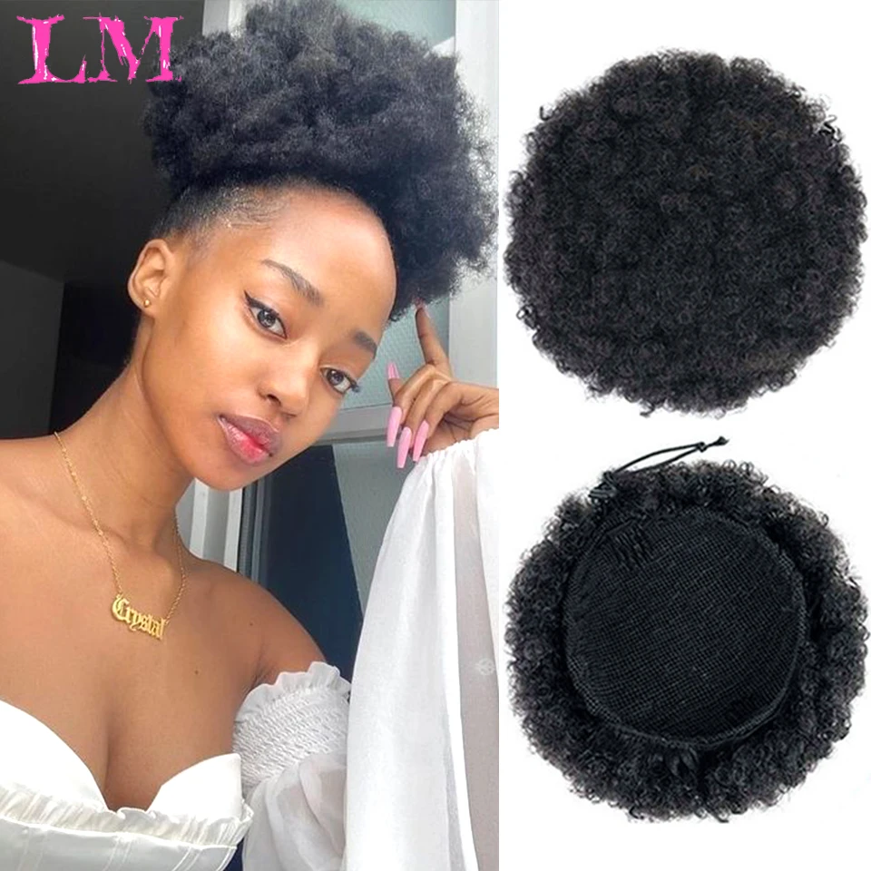 

LM Kinky Hair Bun Synthetic Claw Clip Ponytail Hair Extensions Drawsting Short Ponytail Fluffy Afro Short Hair Buns