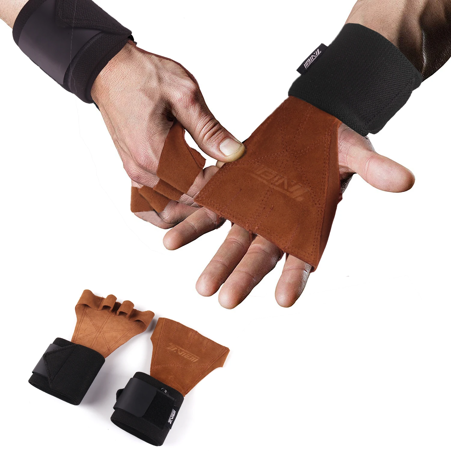 

Crossfit Leather Weight Lifting Gloves with Wrist Wraps Hand Grips for Palm Protection Powerlifting Pull Up Fitness Glove