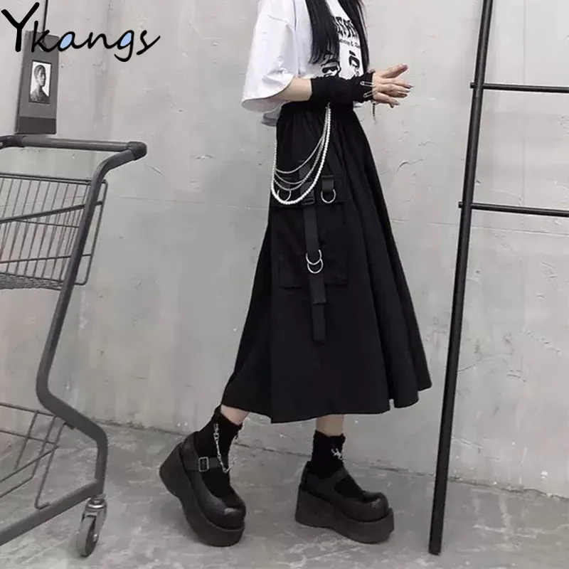 Summer Black Cargo Skirts Girls gothic chain Side Ring Pocket Midi Skirt Women Korean Hip Hop Streetwear Harajuku Long Saia 2021